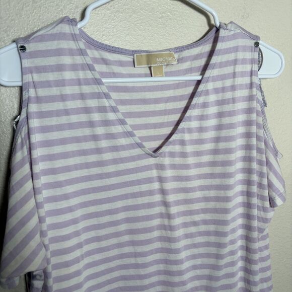 Michael Kors Blouse Women's Large Purple Striped Cold Shoulder Short Sleeve - Picture 3 of 9